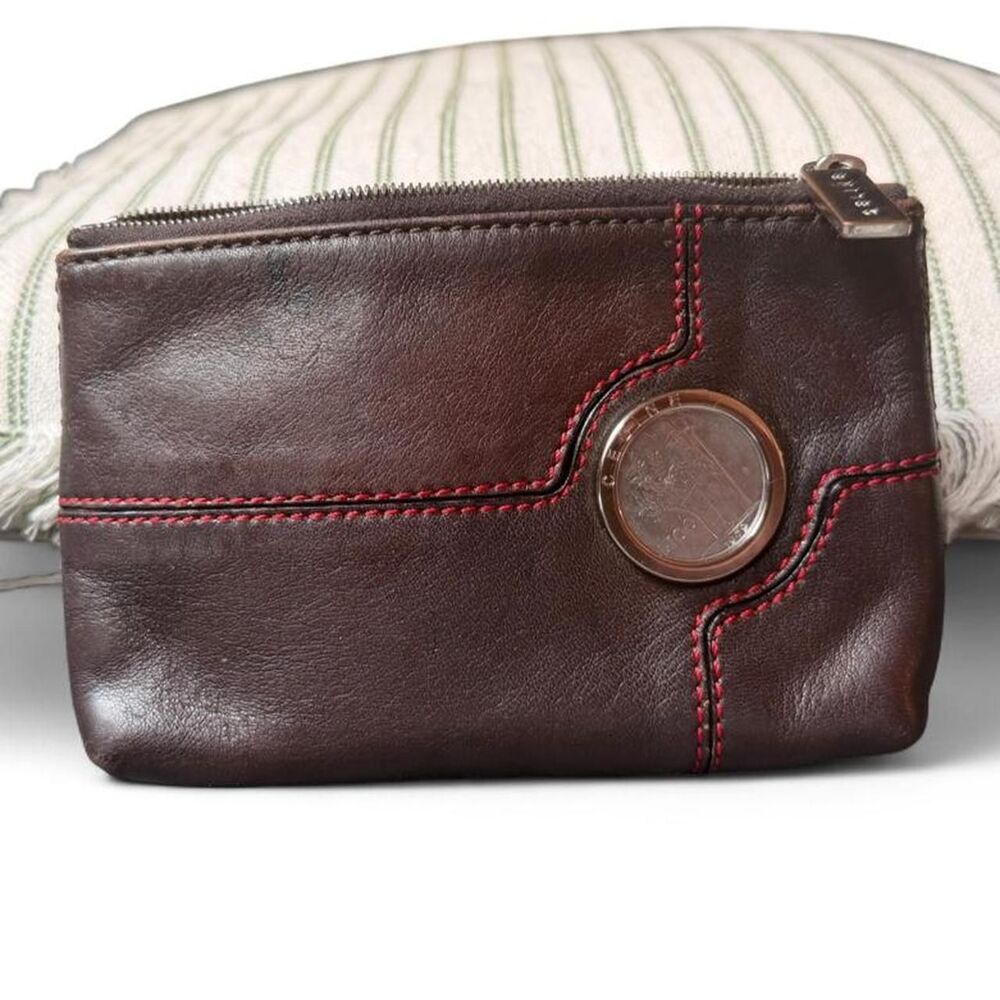 Vintage Celine Brown Leather Zip Pouch Coin Purse Lire Coin Italy 6”